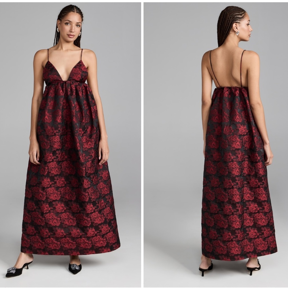 GANNI Botanical Jacquard Long Strap Dress Sz Red Black Maxi Gown Formal